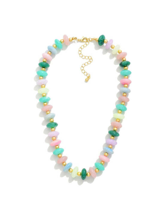 Jewelry - Candy Stone Beaded Necklace with Gold Ball Stations Multi Pastel 14" + 3" Ext